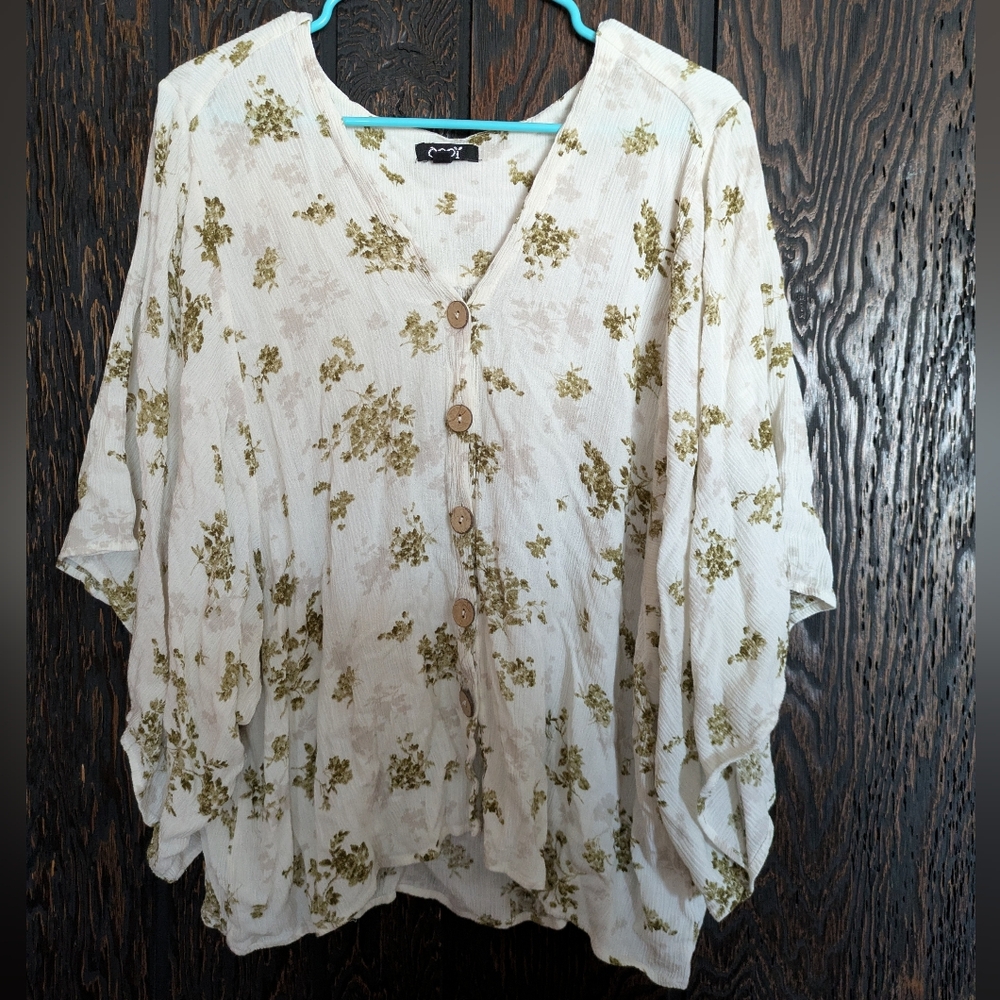 White And Cream Floral Button-Front Women's Blouse